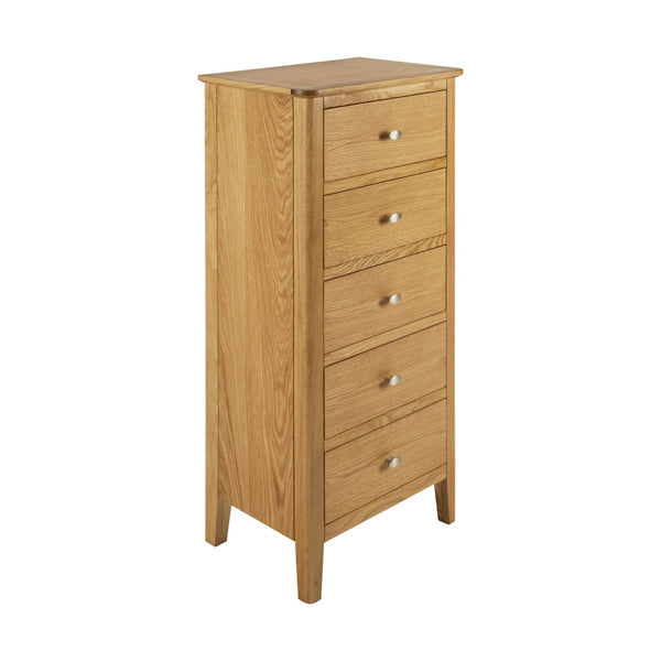 Oak 207 - 5 Drawer Narrow Tallboy