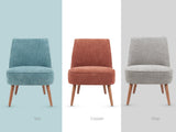Three Reagan Bedroom Chairs in teal, copper, and gray on a white background